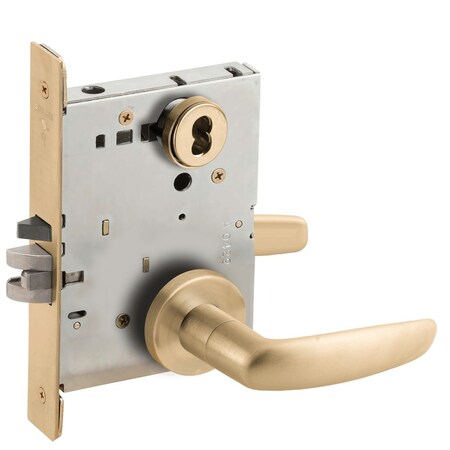 Schlage Grade 1 Entrance Office Mortise Lock, Schlage FSIC Less Core, 07 Lever, A Rose, Satin Brass Finish,  L9050J 07A 606